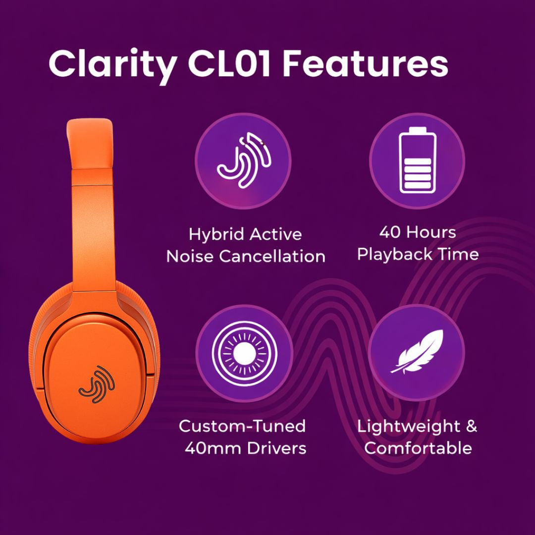 Clarity CL01 Noise Canceling Headphones with Travel Case- Red