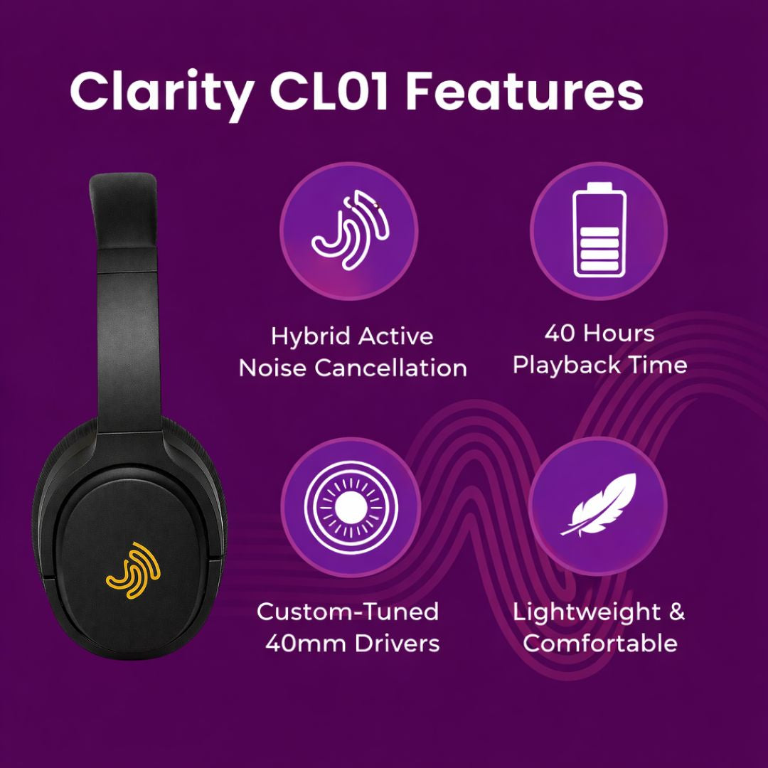 Clarity CL01 Noise Canceling Headphones with Travel Case- Black