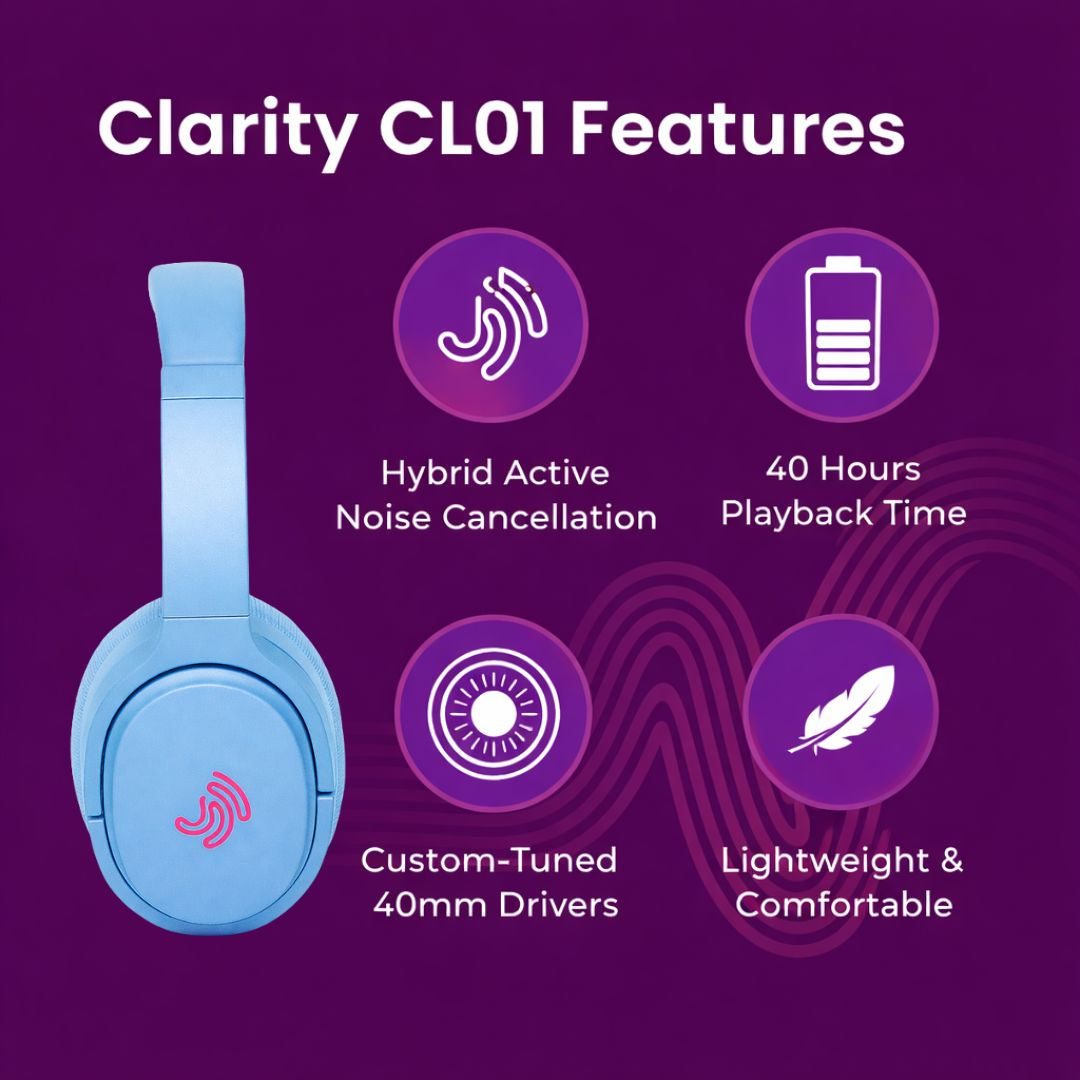 Clarity CL01 Noise Canceling Headphones with Travel Case- Blue